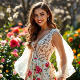 A beautiful 22-year-old woman wearing an open-type dress, featuring intricate lace details, flowing fabric, and a vibrant floral pattern