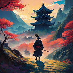 A Studio Ghibli-style image of a samurai about to enter the vibrant and ethereal realm of the gods from a muted earthly landscape