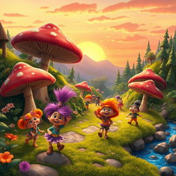 A vibrant and colorful scene depicting a whimsical and adventurous world inspired by the Fraggle Rock universe