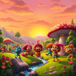 A vibrant and colorful scene depicting a whimsical and adventurous world inspired by the Fraggle Rock universe