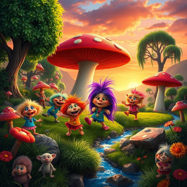 A vibrant and colorful scene depicting a whimsical and adventurous world inspired by the Fraggle Rock universe