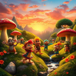A vibrant and colorful scene depicting a whimsical and adventurous world inspired by the Fraggle Rock universe