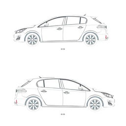 Detailed linear blueprint of the Peugeot 308, focusing on the side views of the front and rear