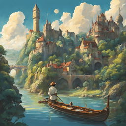 Studio Ghibli style artwork of 'The Pilgrim's Progress' featuring Christian on his journey through various landmarks like Slough of Despond and Vanity Fair towards the Celestial City