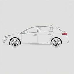 Detailed linear blueprint of the Peugeot 308, focusing on the side views of the front and rear