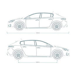 Detailed linear blueprint of the Peugeot 308, focusing on the side views of the front and rear