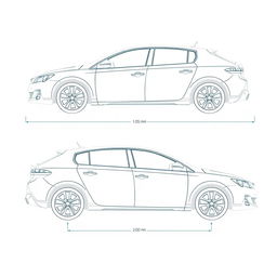 Detailed linear blueprint of the Peugeot 308, focusing on the side views of the front and rear