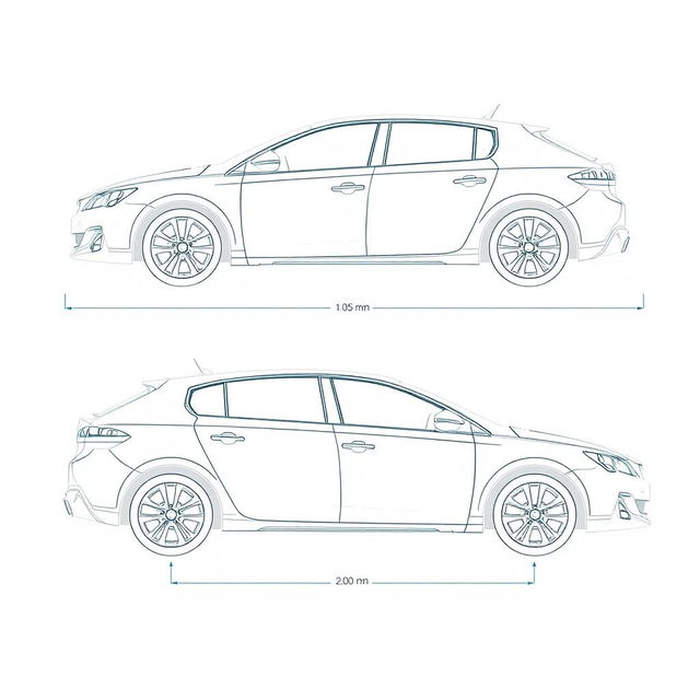 Detailed linear blueprint of the Peugeot 308, focusing on the side views of the front and rear