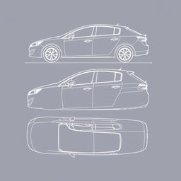 Detailed linear blueprint of the Peugeot 308, showcasing the side views, front (morro), and rear (trasera) with clearly marked lines