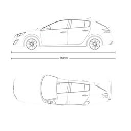 Detailed linear blueprint of the Peugeot 308, showcasing the side views, front (morro), and rear (trasera) with clearly marked lines