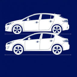 Detailed linear blueprint of the Peugeot 308, showcasing the side views, front (morro), and rear (trasera) with clearly marked lines