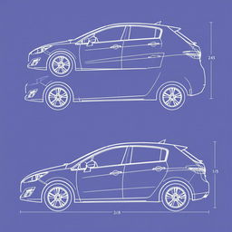 Detailed linear blueprint of the Peugeot 308, showcasing the side views, front (morro), and rear (trasera) with clearly marked lines