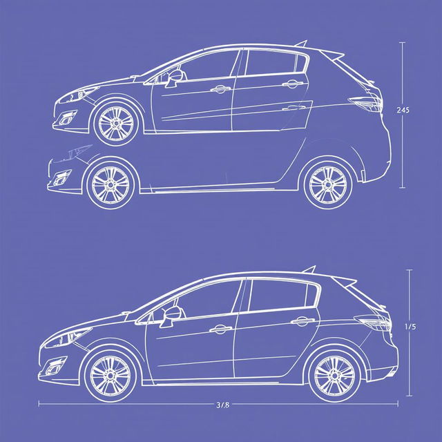 Detailed linear blueprint of the Peugeot 308, showcasing the side views, front (morro), and rear (trasera) with clearly marked lines