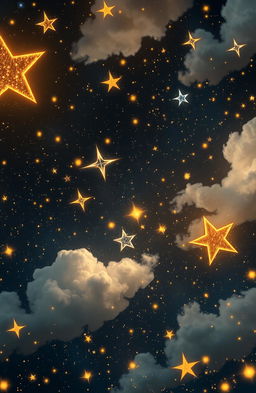 A mesmerizing fantasy scene depicting a night sky filled with dreamlike stars in shades of gold and blue