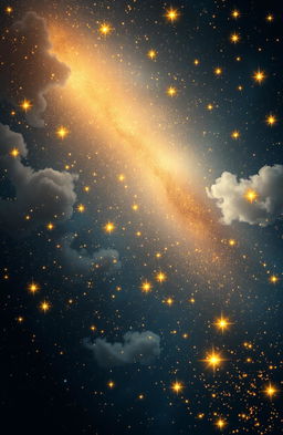 A mesmerizing fantasy scene depicting a night sky filled with dreamlike stars in shades of gold and blue