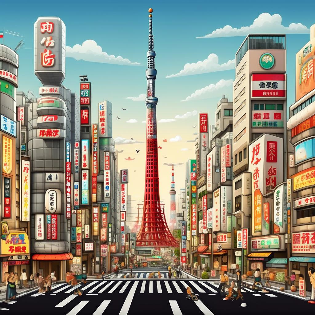 Create a fun, simplistic, cartoon version of the capital city Tokyo, making sure to include easily recognizable features like the Tokyo Skytree and the Shibuya crossing.