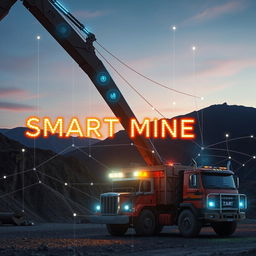 A vibrant mining scene featuring a large excavator and a truck in a mountainous landscape, enhanced with futuristic, smart technology