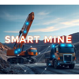 A vibrant mining scene featuring a large excavator and a truck in a mountainous landscape, enhanced with futuristic, smart technology