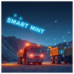 A vibrant mining scene featuring a large excavator and a truck in a mountainous landscape, enhanced with futuristic, smart technology