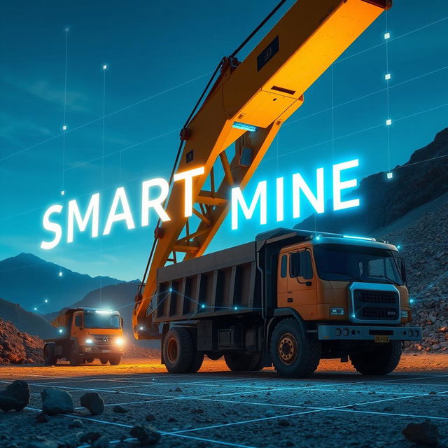 A vibrant mining scene featuring a large excavator and a truck in a mountainous landscape, enhanced with futuristic, smart technology