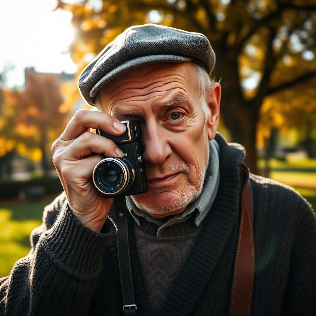 An elderly man with a distinguished appearance, wearing a cozy sweater and flat cap, deeply focused as he holds a vintage film camera to his eye