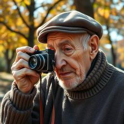 An elderly man with a distinguished appearance, wearing a cozy sweater and flat cap, deeply focused as he holds a vintage film camera to his eye