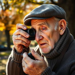 An elderly man with a distinguished appearance, wearing a cozy sweater and flat cap, deeply focused as he holds a vintage film camera to his eye