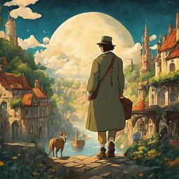 Studio Ghibli style artwork of 'The Pilgrim's Progress' featuring Christian on his journey through various landmarks like Slough of Despond and Vanity Fair towards the Celestial City