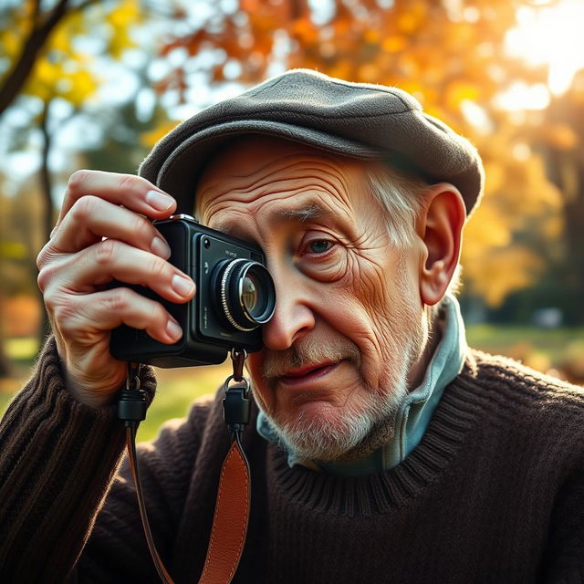 An elderly man with a distinguished appearance, wearing a cozy sweater and flat cap, deeply focused as he holds a vintage film camera to his eye