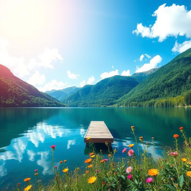 A serene landscape featuring a tranquil lake surrounded by lush green mountains, with a clear blue sky above and fluffy white clouds scattered throughout