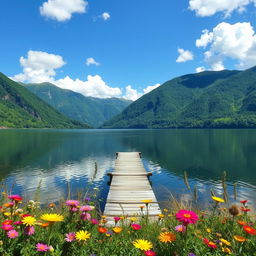 A serene landscape featuring a tranquil lake surrounded by lush green mountains, with a clear blue sky above and fluffy white clouds scattered throughout