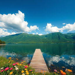 A serene landscape featuring a tranquil lake surrounded by lush green mountains, with a clear blue sky above and fluffy white clouds scattered throughout