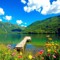 A serene landscape featuring a tranquil lake surrounded by lush green mountains, with a clear blue sky above and fluffy white clouds scattered throughout