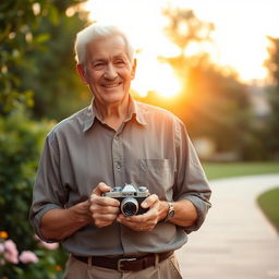 An elderly man with a kind smile, dressed in a casual button-up shirt and comfortable pants, holding a well-worn camera in his hands