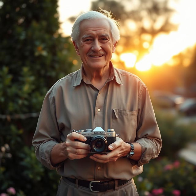 An elderly man with a kind smile, dressed in a casual button-up shirt and comfortable pants, holding a well-worn camera in his hands