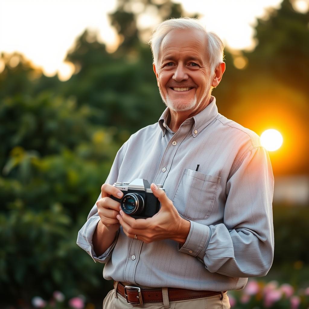 An elderly man with a kind smile, dressed in a casual button-up shirt and comfortable pants, holding a well-worn camera in his hands