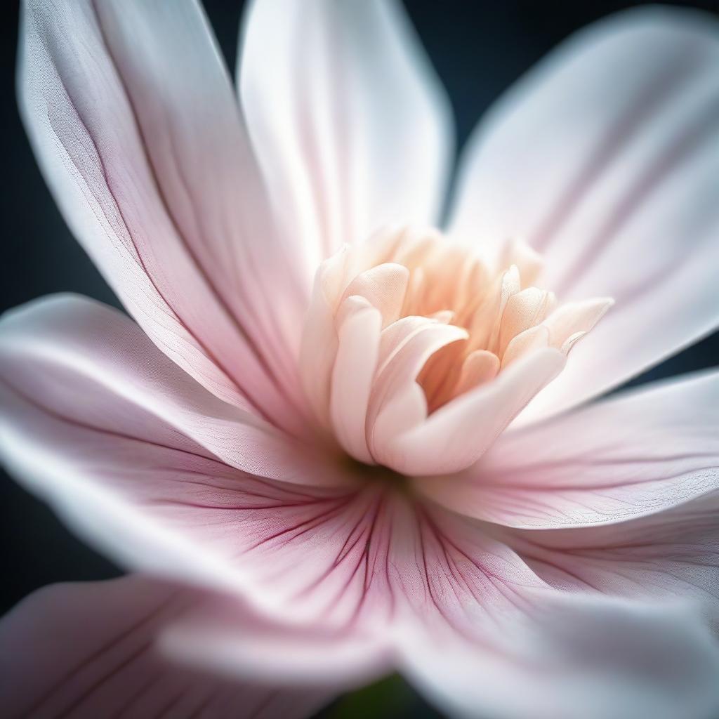 Photorealistic image of delicate, ethereal floral petals with detailed veins, in macro photography style