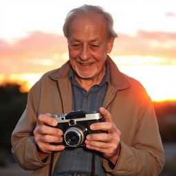 An elderly man with a gentle smile, kindly wrinkles on his face, is standing against a backdrop of a vibrant sunset