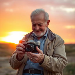 An elderly man with a gentle smile, kindly wrinkles on his face, is standing against a backdrop of a vibrant sunset