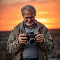An elderly man with a gentle smile, kindly wrinkles on his face, is standing against a backdrop of a vibrant sunset