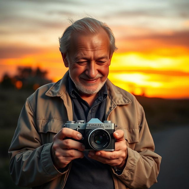 An elderly man with a gentle smile, kindly wrinkles on his face, is standing against a backdrop of a vibrant sunset