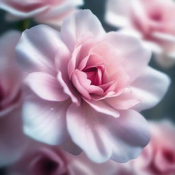 Photorealistic image of delicate, ethereal floral petals with detailed veins, in macro photography style