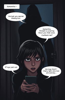A tense and dramatic scene depicting a character named Samantha receiving a secret message