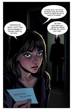 A tense and dramatic scene depicting a character named Samantha receiving a secret message