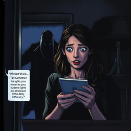 In a tense and dramatic scene from a book titled 'Whisper and Lies', a character named Samantha is portrayed receiving a secret message that invokes surprise and anxiety on her face