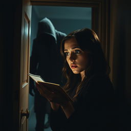 In a tense and dramatic scene from a book titled 'Whisper and Lies', a character named Samantha is portrayed receiving a secret message that invokes surprise and anxiety on her face