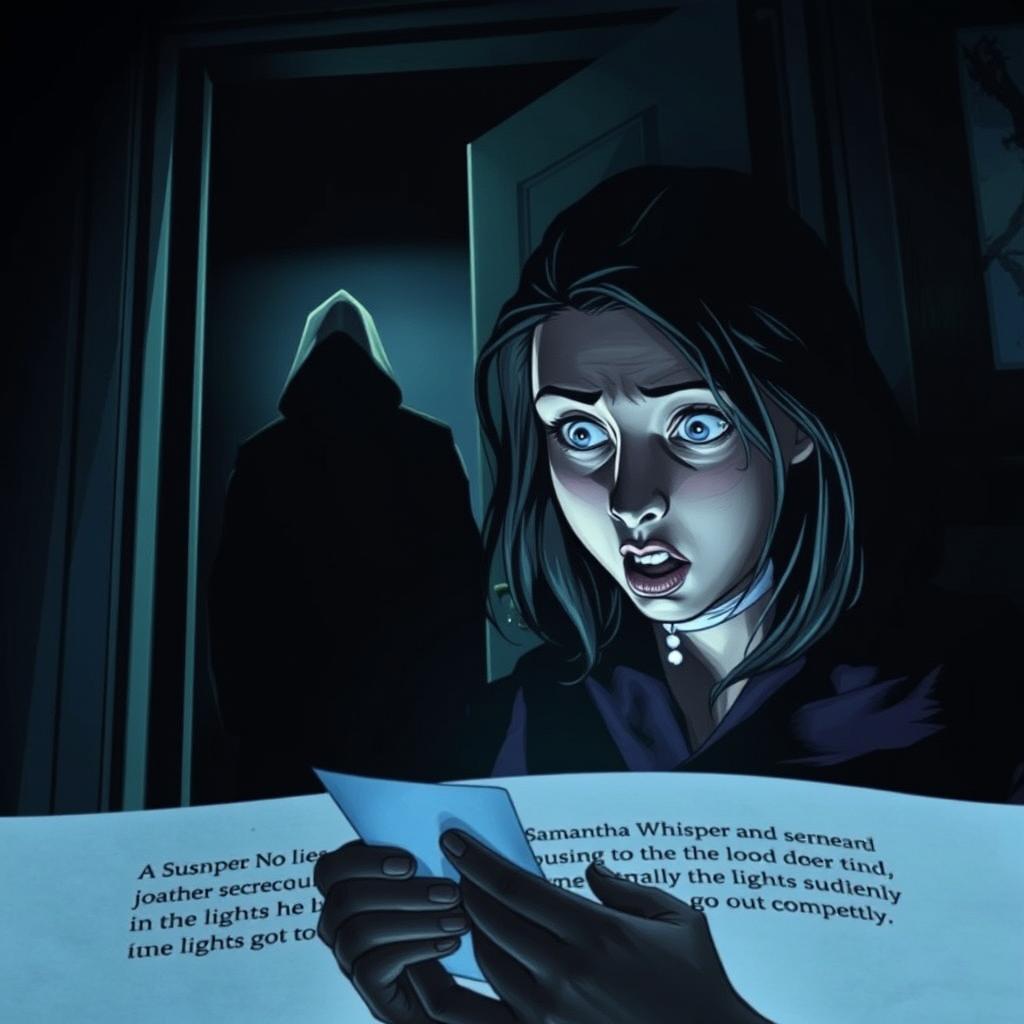 In a tense and dramatic scene from a book titled 'Whisper and Lies', a character named Samantha is portrayed receiving a secret message that invokes surprise and anxiety on her face