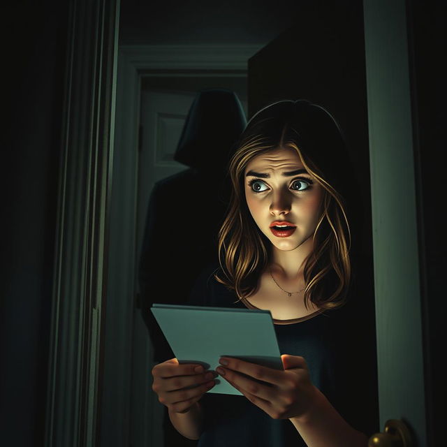 In a tense and dramatic scene from a book titled 'Whisper and Lies', a character named Samantha is portrayed receiving a secret message that invokes surprise and anxiety on her face