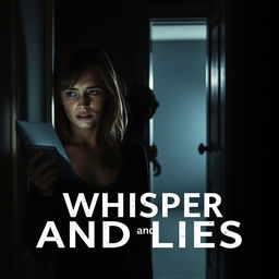 A tense and dramatic scene from a book titled 'Whisper and Lies' featuring Samantha as she receives a secret message that creates a palpable sense of anxiety on her face