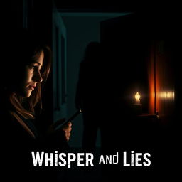 A tense and dramatic scene from a book titled 'Whisper and Lies' featuring Samantha as she receives a secret message that creates a palpable sense of anxiety on her face